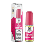A product image showing the packaging and a bottle of Bar Juice 5000 Unicorn Shake Nic Salt Vape juice. The packaging is predominantly pink and white with text and branding, and the bottle is pink with a white label.